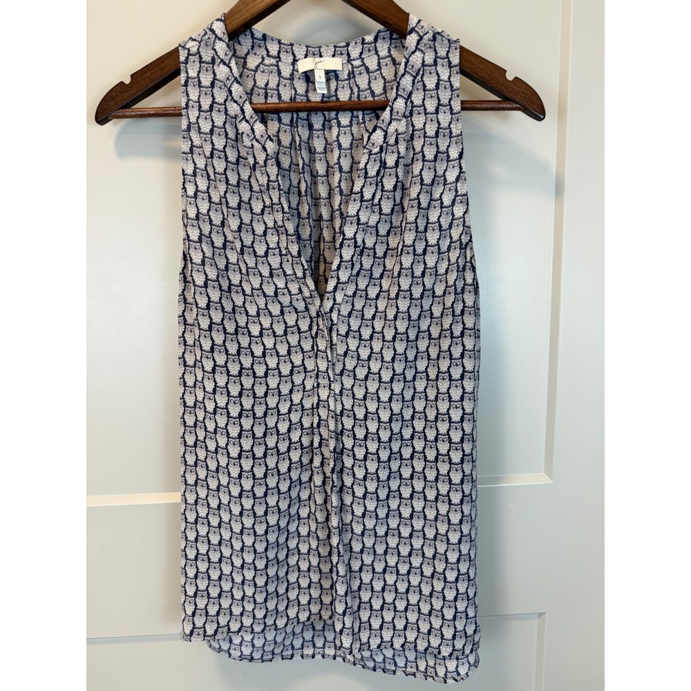 Joie 100% Silk Sleeveless Owl Print Blouse Size Small‎ Blue Gray Woodland Fairy